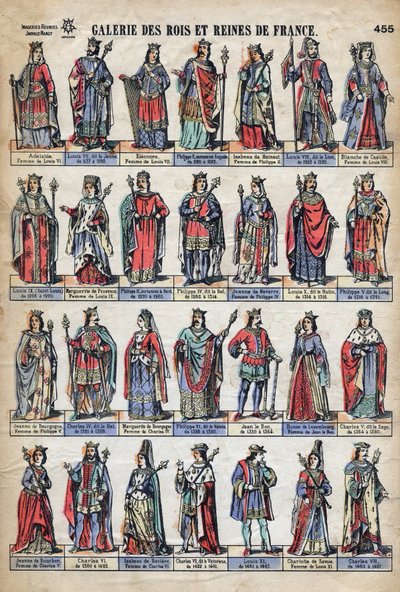 Représentation des rois et reines de France de la dynastie des Capétiens (de Louis VII à Charles VIII). Illustration fin XIXe siècle - French School