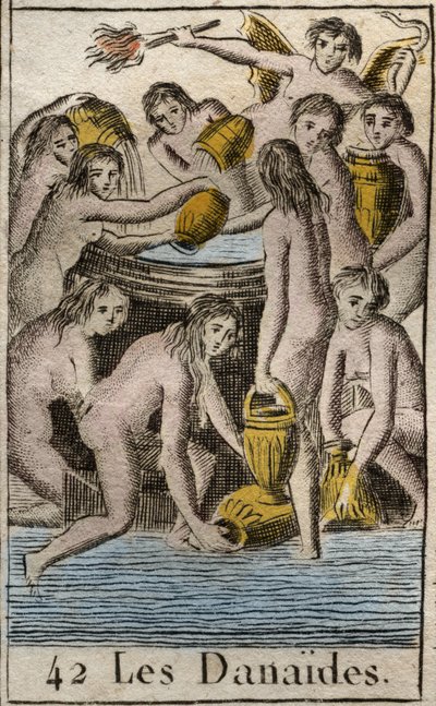 Représentation des Danaïdes, filles du roi Danaos, condamnées aux Enfers, remplissant sans fin un tonneau sans fond, pour avoir tué leurs cousins et maris. - French School