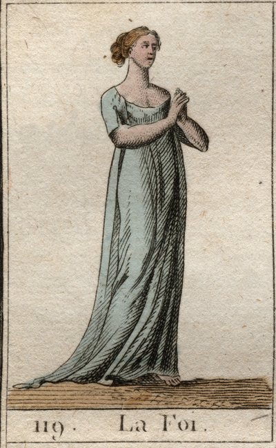 Représentation de la Foi, femme vêtue de blanc avec les mains jointes. De « Mythologie de la jeunesse » par Pierre Blanchard 1803 - French School