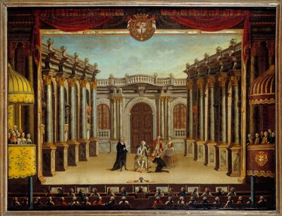 Représentation du "Malade Imaginaire" de Jean Baptiste Poquelin dit Molière (1622-1673) au Théâtre de Minorque, Espagne ; vue de la scène - French School