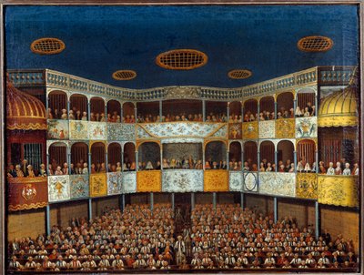 Représentation du "Malade Imaginaire" de Jean Baptiste Poquelin dit Molière (1622-1673) au Théâtre de Minorque en Espagne ; vue de la salle et du public - French School