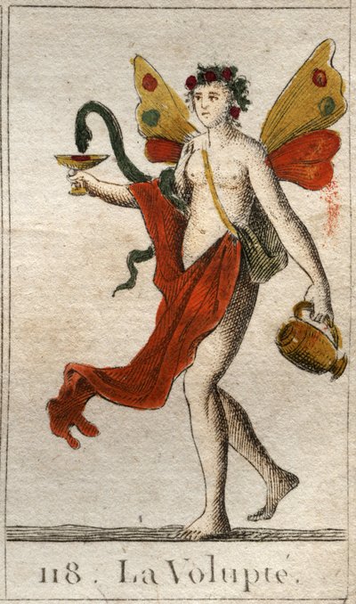 Représentation de la Volupté, femme nue couronnée de roses, elle tient une coupe où un serpent boit un nectar délicieux. De "Mythologie de la jeunesse" par Pierre Blanchard 1803. - French School
