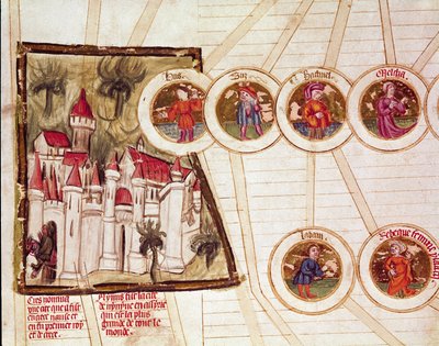 Représentation de la ville de Nimrud (Kalkhu ou Kalhu ou Kalwakhum et Kalakh) et la généalogie de la famille de Laban et Rebecca Page tirée du manuscrit "Généalogie de la Bible" de l