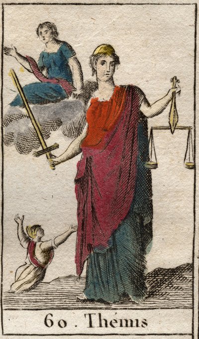 Représentation de Thémis, déesse de la Justice et de la Loi, elle tient une balance et une épée. De « Mythologie de la jeunesse » par Pierre Blanchard 1803 - French School