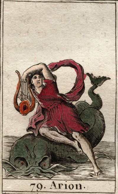 Représentation du poète grec légendaire Arion de Méthymne, charmeur de dauphins par sa cithare. De « Mythologie de la jeunesse » par Pierre Blanchard 1803 - French School