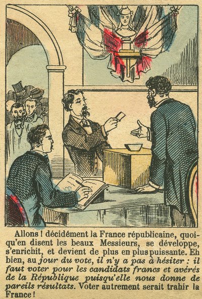 La France républicaine méritait le vote des Français. Gravure, dans « Le Figaro, supplément », le 30/03/1889, Paris. Coll. Selva. - French School