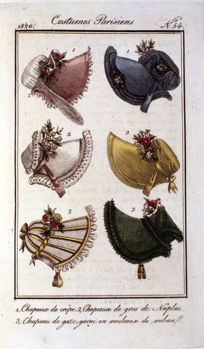 Mode de la Restauration : différents modèles de chapeaux pour femmes en crêpe, gaze, velours. Gravure de 1820 - French School