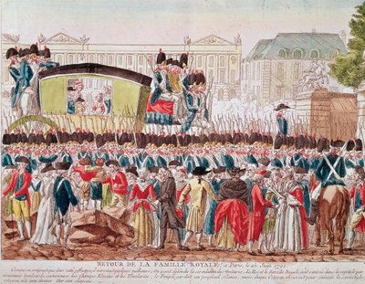 Retour de la famille royale française à Paris, 25 juin 1791, le groupe traverse la Place de la Concorde (gravure) - French School