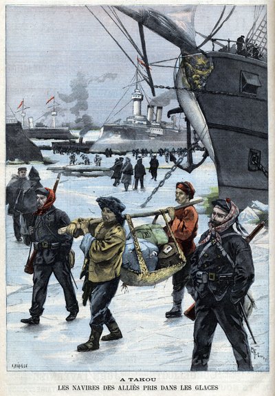 Révolte des Boxers (1898-1900) : les navires des alliés dans la glace à Atakou - dans "Le Petit Parisien" - French School