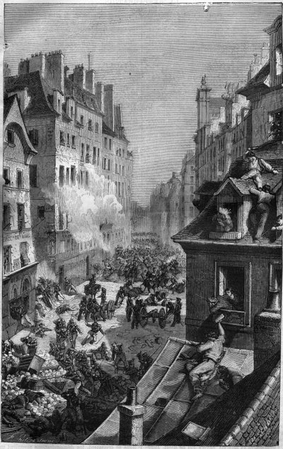 Révolution de 1830 : combat dans le faubourg Saint Antoine. Gravure dans « Histoire des Papes-Rois-Reines et Empereurs à travers les siècles » par Maurice Lachatre - French School