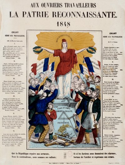 Révolution de 1848 et naissance de la deuxième république : manifeste et chanson intitulés « Aux travailleurs, la patrie reconnaissante », la République est saluée par les travailleurs. 1848 Paris, Musée Carnavalet - French School