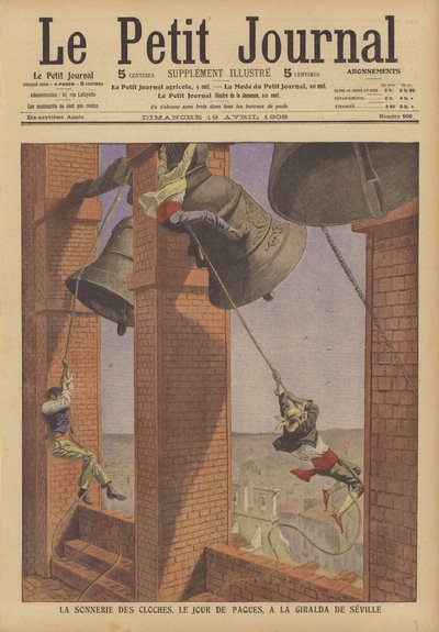 Sonnerie des cloches de la Giralda, clocher de la cathédrale de Séville, le dimanche de Pâques (lithographie couleur) - French School