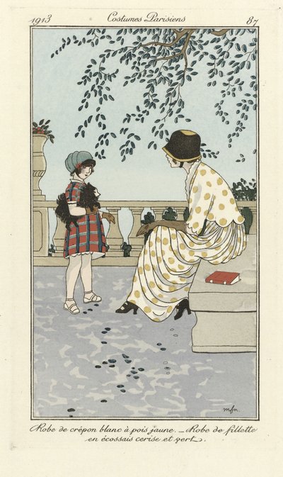 Robe de Crépon blanc à pois jaune - Robe de fillette en écossais cerise et vert, from Costumes Parisien, pub.1913 (pochoir print) - French School