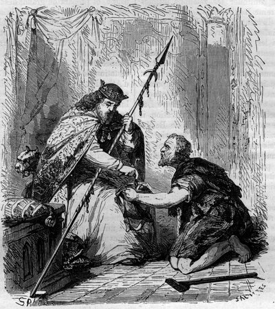 Robert II le Pieux (972-1031), roi de France, distribuant des aumônes. Gravure dans «Histoire des Papes-Rois-Reines et Empereurs à travers les siècles» par Maurice Lachatre - French School