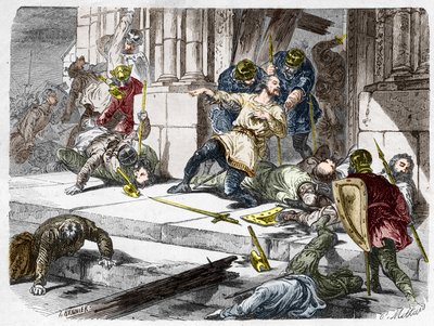 Robert le Fort mort (vers 815-866), Duc de France, lors de la bataille de Brissarthe, en 866, opposant les Francs à une armée combinant Bretons et Vikings. Gravure dans « Histoire De France En Cent Tableaux par Paul Lehugeur » 1891 - French School