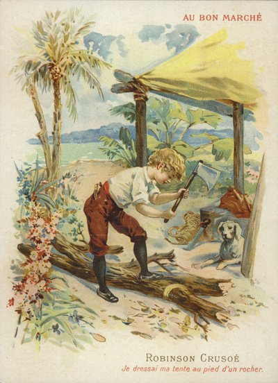 Robinson Crusoé coupant du bois - French School