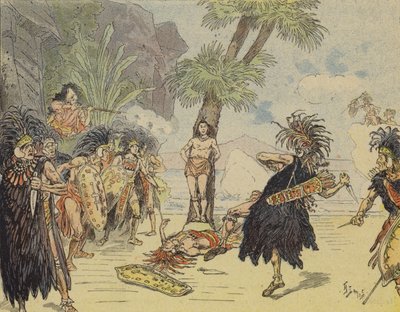 Robinson Crusoé tuant le chef cannibale et sauvant la vie de Vendredi (lithographie en couleur) - French School