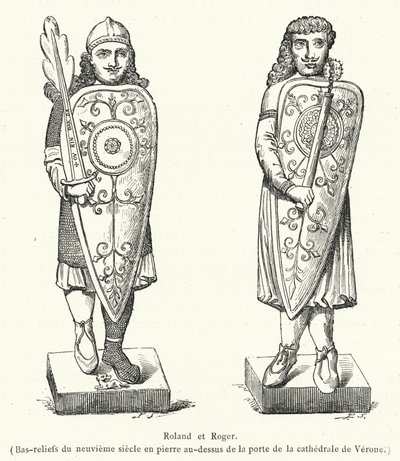 Roland et Roger, bas-reliefs du neuvième siècle en pierre au-dessus de la porte de la cathédrale de Vérone (gravure) - French School