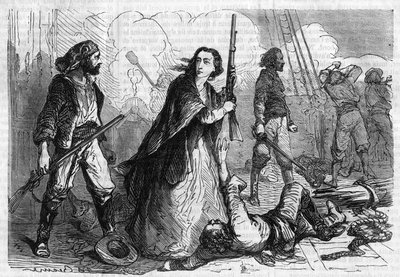 Roman feuilleton : « Mémoires de Joseph Garibaldi » par Alexandre Dumas (1802-1870). Anita Garibaldi (1821-1849), épouse de Giuseppe Garibaldi, prenant part à la bataille, fusil à la main. Gravure dans « Les bons romans » - French School