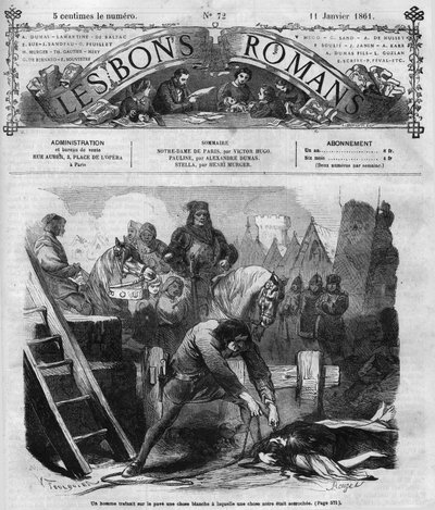 Roman-feuilleton : « Notre-Dame de Paris » de Victor Hugo (1802-1885). Un homme traîne deux femmes sur le pavé. Gravure dans « Les bons romans » - French School
