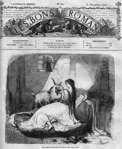 Roman-feuilleton : "Notre-Dame de Paris" par Victor Hugo (1802-1885). Esmeralda et la chèvre. Gravure dans "Les bons romans" - French School