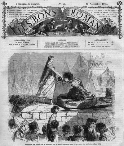 Roman-feuilleton : « Notre-Dame de Paris » de Victor Hugo (1802-1885). Quasimodo et Esmeralda. Gravure dans « Les bons romans » - French School