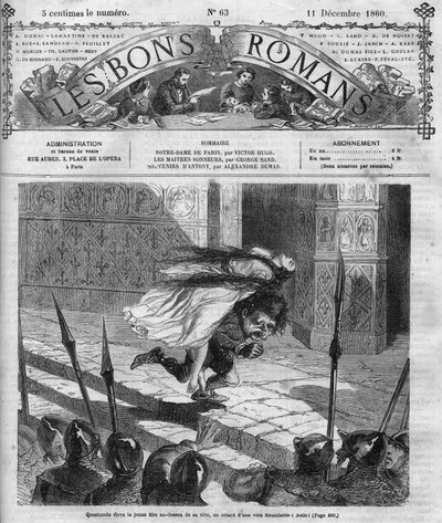 Roman-feuilleton : « Notre-Dame de Paris » par Victor Hugo (1802-1885). Quasimodo et Esmeralda. Gravure dans « Les bons romans » - French School