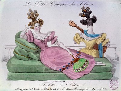 Mode romantique: Toilette de château. Deux femmes avec des coiffures extravagantes sur un canapé. Gravure du 19e siècle. Paris, Musée Carnavalet - French School