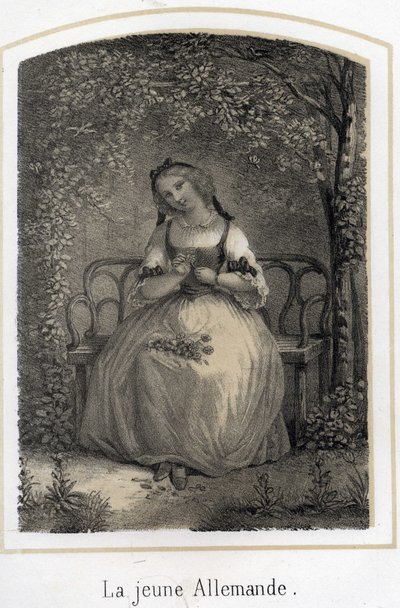 Romantisme : une jeune Allemande assise sur un banc effeuillant une marguerite en pensant à son amant. Gravure anonyme du 19ème siècle - French School