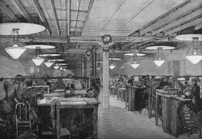 Salle des télégraphistes féminines au bureau central du Ministère des Postes et Télégraphes illuminée par des lampes à arc voltaïque (système cance), Paris 1883 - French School
