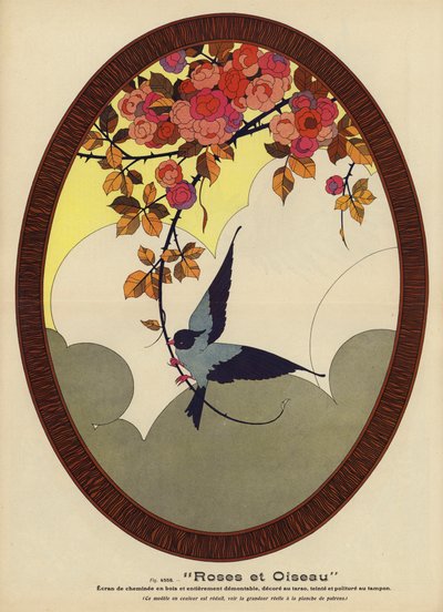 Roses et Oiseau, Roses and Bird (colour litho) - French School