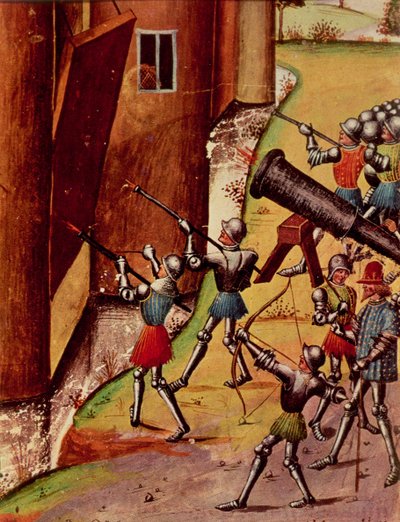 Soldats armés de canons à main assiégeant un château, de Quinte Curse Ruffe des Fais du Grant Alexandre, c.1468 - French School