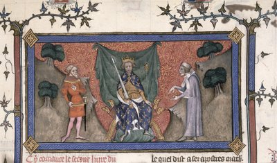 Le roi Charles V (1337-80) de France intronisé avec couronne, épée et sceptre entre un chevalier et un clerc - French School