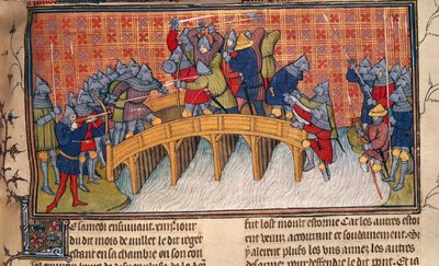 Royal 20 C. VII, fol.137 Bataille sur le pont sur la Seine pendant la guerre de Cent Ans, de 