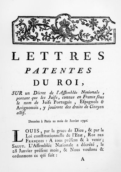 Lettres patentes royales accordant des droits égaux aux Juifs portugais, espagnols et avignonnais en France, Paris, 28 janvier 1790 - French School