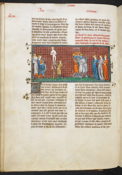Royal MS 16 G. VI, Mort de Romhilda, les filles de Romhilda sauvant leur honneur (Livre 4, 24), des Grandes Chroniques de France - French School