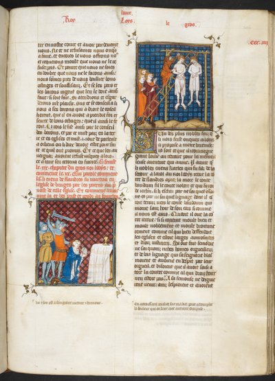 Royal MS 16 G. VI, f.306r, Meurtre de Charles, comte de Flandre pendu (Louis VI, livre 20), des Grandes Chroniques de France - French School