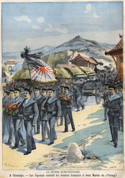Guerre russo-japonaise À Chemulpo, les Japonais rendent les derniers honneurs à deux marins du Virag. Le Petit Parisien du 3 avril - French School