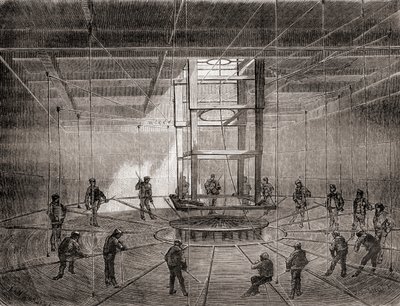 Marins et ouvriers enroulant le câble télégraphique transatlantique dans les réservoirs de cale du S.S. Great Eastern - French School