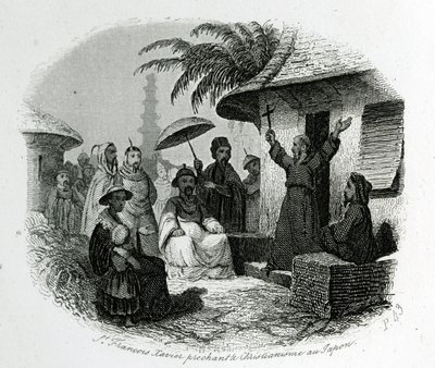 Saint François Xavier prêchant le christianisme au Japon. Gravure pour illustrer Histoire et Description du Japon par le Père de Charlevoix, A.Mame et Compagnie éditeurs, Tours - French School
