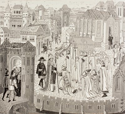 Saint Gaugericus, évêque de Cambrai, arrivant à la ville pour sa nomination, de 