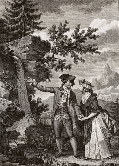 Saint Preux et Julie gravure de 1793 pour « Julie ou la nouvelle Héloïse » par le philosophe suisse Jean-Jacques Rousseau (1712-1778) - Julie et Saint-Preux, illustration de « La Nouvelle Héloïse » par Jean-Jacques Rousseau (1712-78) (gravure) - French School