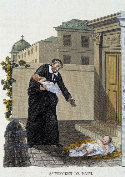 Saint Vincent de Paul accueillant des enfants abandonnés devant l