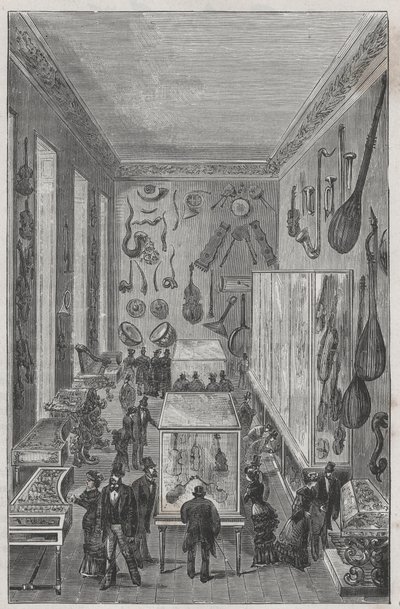 Salle du musée du conservatoire national de musique de Paris - Gravure dans « Sciences à la portée de tous - physique et chimie populaires » par Alexis Clerc - Fin XIXe siècle - Collection privée - French School
