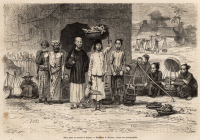 Scène du marché de Saigon (illustration du voyage en Cochinchine, par le docteur Morice, 1872, publié dans "Le tour du monde" 1875) - French School
