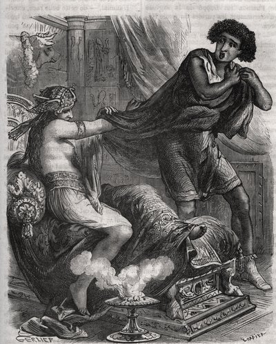 Scène de la Bible : « Elle saisit le jeune homme trop vertueux par sa tunique ». La femme de Putiphar tente de séduire Joseph, esclave du pharaon. Gravure de 1871 dans « Histoire Des Cocus Célèbres » par Henry de Kock (1819-1892). - French School