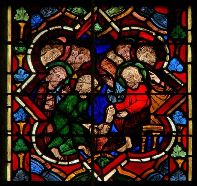 Scène dans la fenêtre E représentant le Christ lavant les pieds de ses disciples - French School