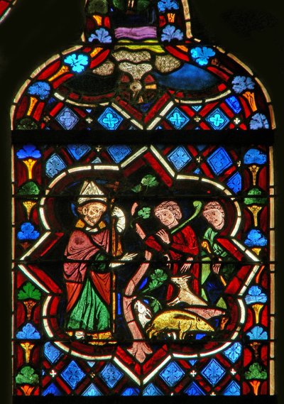 Scène dans la fenêtre E représentant Saint Samson changeant des cochons en chèvres - French School