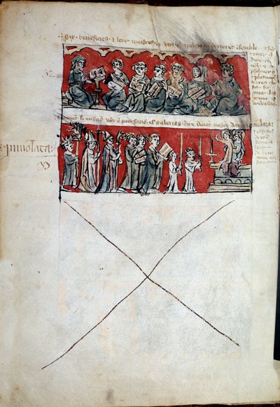 Scène de la vie étudiante au Collège Hubant ou Ave Maria à Paris. Scènes de la vie étudiante (prières) et règlements du collège. Bandes 32 à 33. Page manuscrite « Livre des statuts du Collège de Hubant ou de l
