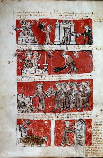 Scène de la vie étudiante au Collège de Hubant ou Ave Maria à Paris. Scènes de la vie étudiante (œuvres de charité, distribution de livres, entretien de la basse-cour) et règlements du collège. Bandes 24 à 27. Page manuscrite « Livre des statuts du Collège - French School